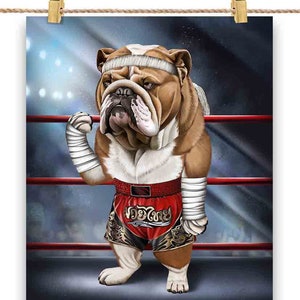 Bouledogue anglais en tant que combattant de Muay Thai Kickboxing - Impression d’affiche, art mural, décoration intérieure et carte postale - PrintStarTee