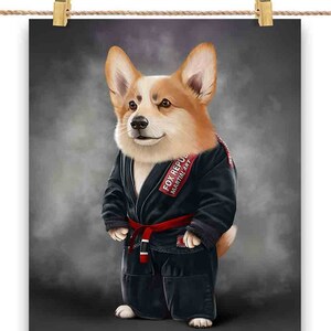 Artiste martial de chiens corgi gallois de Pembroke en judogi noir : judo et karaté - impression d'affiche, art mural, décoration d'intérieur et carte postale - PrintStarTee