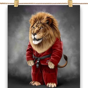 Artiste martial lion en judogi rouge : Judo et karaté - Impression d'affiche, art mural, décoration intérieure et carte postale - PrintStarTee