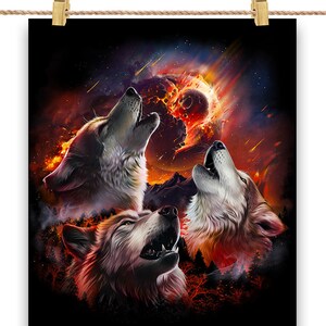 Loup hurlant dans la forêt en flammes sous la lune d'impact d'astéroïdes - impression d'affiche, art mural, décoration d'intérieur et carte postale - PrintStarTee