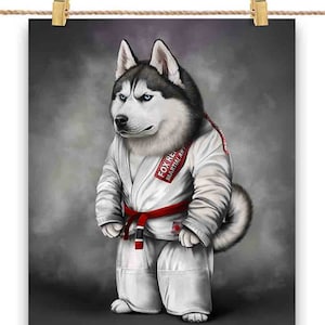 Artiste martial de chien Husky sibérien en judogi blanc : Judo et karaté - Impression d'affiche, art mural, décoration intérieure et carte postale - PrintStarTee
