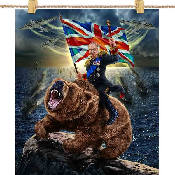 Victorious Winston Churchill Ride Bear on D-Day Normandy - Poster Print, Wall Art, Home Decor, and Postcard - PrintStarTee