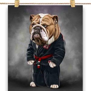 Artiste martial bouledogue anglais en judogi noir : Judo et karaté - Impression d'affiche, art mural, décoration intérieure et carte postale - PrintStarTee