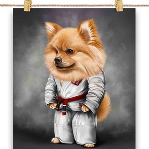 Artiste martial chien de Poméranie orange en judogi blanc : judo et karaté - impression d'affiche, art mural, décoration d'intérieur et carte postale - PrintStarTee