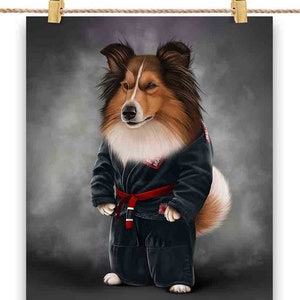 Artista marcial Sheltie Dog em Judogi preto: Judô e Karatê - Impressão de pôster, arte de parede, decoração de casa e cartão postal - PrintStarTee