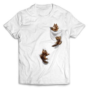 Three Cute Squirrel and Chipmunk Playing in Pocket - Short-Sleeve Unisex T-Shirt, 20 Colors, Sizes S-4XL + Youth Sizes, PrintStarTee