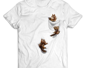 Three Cute Squirrel and Chipmunk Playing in Pocket - Short-Sleeve Unisex T-Shirt, 20 Colors, Sizes S-4XL + Youth Sizes, PrintStarTee