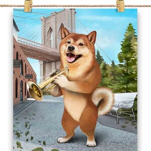 Shiba Dog tocando trompete na ponte do Brooklyn em Nova York - impressão de pôster, arte de parede, decoração de casa e cartão postal - PrintStarTee
