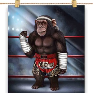Chimpanzé en tant que combattant de Muay Thai Kickboxing - Impression d’affiche, art mural, décoration intérieure et carte postale - PrintStarTee