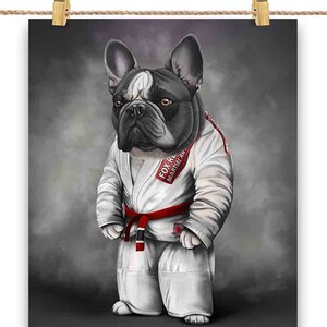 Artiste martial bouledogue français en judogi blanc : judo et karaté - affiche, art mural, décoration d'intérieur et carte postale - PrintStarTee