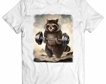 Monster Raccoon Weightlifting - Short-Sleeve Unisex, Men, Women, Boys and Girls Youth T-Shirt - PrintStarTee