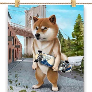 Shiba Dog Skater enfrenta a cidade de Nova York - Impressão de pôster, arte de parede, decoração para casa e cartão postal - PrintStarTee