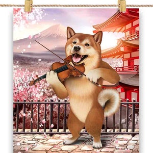 Chien Shiba en kimono jouant du violon au jardin Sakura du mont Fuji - Impression d'affiche, art mural, décoration intérieure et carte postale - PrintStarTee
