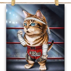 Chat tigré orange en combattant de kickboxing Muay Thai - impression d'affiche, art mural, décoration d'intérieur et carte postale - PrintStarTee