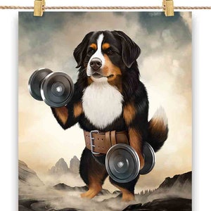 Bouvier bernois musculation musculation avec haltères - impression d'affiche, art mural, décoration d'intérieur et carte postale - PrintStarTee