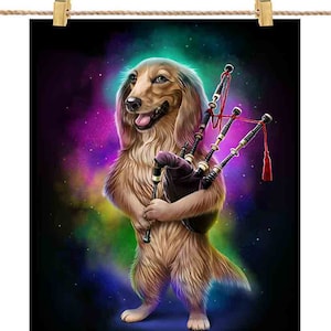 Perro salchicha toca la gaita en Galaxy Rainbow Space: elige tu fondo favorito: impresión de póster, arte de pared, decoración del hogar y postal