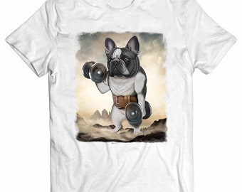 Monster French Bull Dog Carrying Dumbbell - Short-Sleeve Unisex, Men, Women, Boys and Girls Youth T-Shirt - PrintStarTee