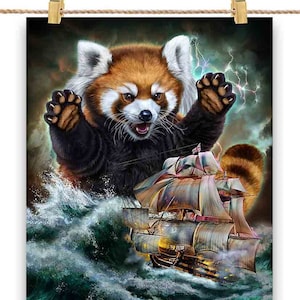 Un monstre panda roux tend une embuscade à un navire de la Royal Navy dans l'océan - impression d'affiche, art mural, décoration d'intérieur et carte postale - PrintStarTee