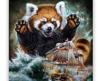Monster Red Panda Ambushes a Royal Navy Ship in the Ocean - Poster Print, Wall Art, Home Decor, and Postcard - PrintStarTee