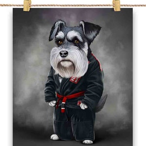 Artista marcial Scottish Terrier Dog em Judogi preto: Judô e Karatê - Impressão de pôster, arte de parede, decoração de casa e cartão postal - PrintStarTee