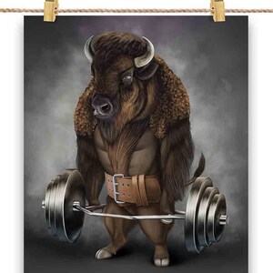 Bison Buffalo Bull Lift Barbell Shrug Bar - Impression d’affiche, art mural, décoration intérieure et carte postale - PrintStarTee