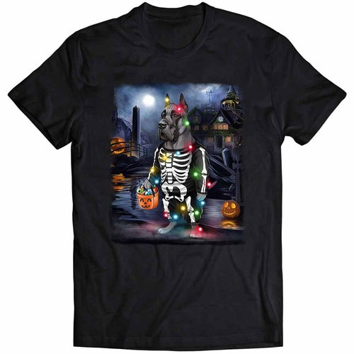 Blue Great Dane Dog Dress Up in Skeleton Costume for Halloween Party. Short-Sleeve Unisex, Men, Women, Youth T-Shirt - PrintStarTee