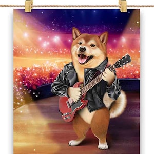 Shiba Dog Playing Electric Guitar on Concert Stage - Poster Print, Wall Art, Home Decor, and Postcard - PrintStarTee