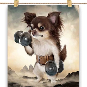 Chien chihuahua chocolat musculation musculation avec haltères - impression d'affiche, art mural, décoration d'intérieur et carte postale - PrintStarTee