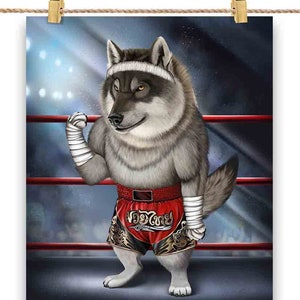 Loup en combattant de kickboxing Muay Thai - Impression d'affiche, art mural, décoration d'intérieur et carte postale - PrintStarTee