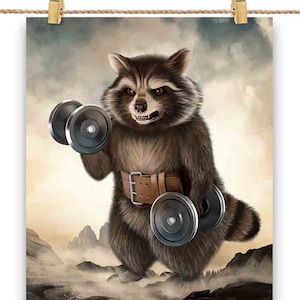 Monster Raccoon Carrying Dumbbell Exercise Fitness Gym - Impression d'affiche, art mural, décoration d'intérieur et carte postale - PrintStarTee