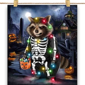 Raton laveur en costume de squelette : déguisement de fête d'Halloween - Impression d'affiche, art mural, décoration intérieure et carte postale - PrintStarTee