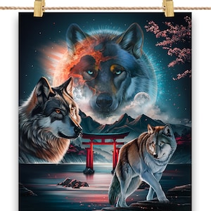 Lobo Cósmico na Montanha Japonesa com Sakura e Torii Gate - Impressão de pôster, arte de parede, decoração de casa e cartão postal - PrintStarTee