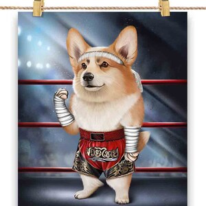 Pembroke Welsh Corgi Dog en tant que combattant de Muay Thai Kickboxing - Impression d'affiche, art mural, décoration intérieure et carte postale - PrintStarTee