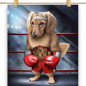 Champion de boxe teckel crème Dog Fighter - impression d'affiche, art mural, décoration d'intérieur et carte postale - PrintStarTee