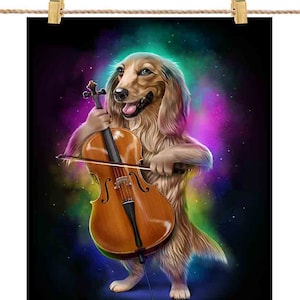 Dachshund Dog toca violoncelo no Galaxy Rainbow Space: escolha seu fundo favorito, impressão de pôster, arte de parede, decoração de casa, cartão postal - PrintStarTee