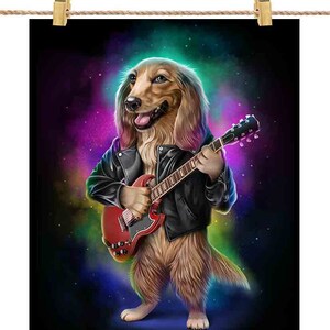 Teckel Dog Play Electric Guitar in Galaxy Rainbow Space : Choisissez votre arrière-plan préféré - Impression d’affiche, art mural, décoration intérieure et carte postale