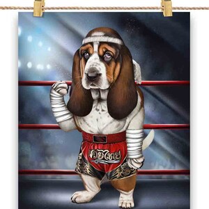 Basset Hound Dog en combattant de kickboxing Muay Thai - impression d'affiche, art mural, décoration d'intérieur et carte postale - PrintStarTee