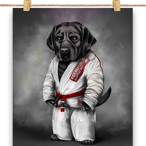 Artiste martial de chien Labrador Retriever noir en judogi blanc : Judo et karaté - Impression d'affiche, art mural, décoration intérieure et carte postale - PrintStarTee