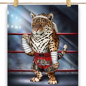 Jaguar Cat en tant que combattant de Muay Thai Kickboxing - Impression d’affiche, art mural, décoration intérieure et carte postale - PrintStarTee