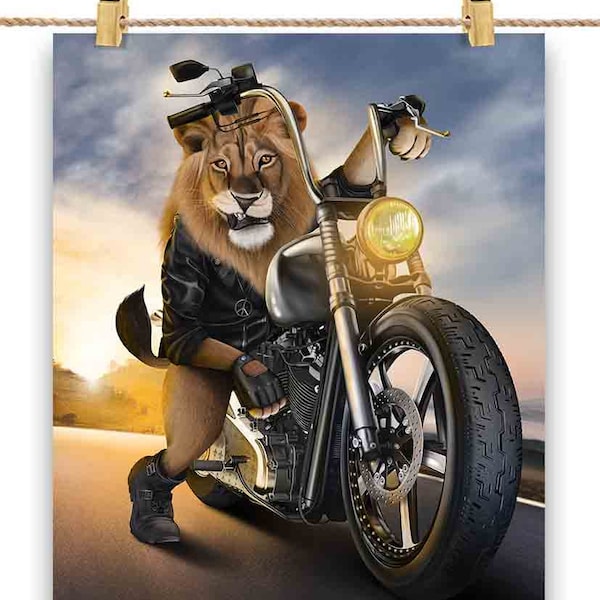 Alpha Lion Riding Chopper Motorcycle - Poster Print, Wall Art, Home Decor, and Postcard - PrintStarTee