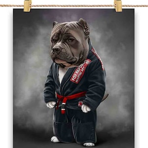 Artista marcial de cão pit bull azul em judogi preto: judô e caratê - impressão de pôster, arte de parede, decoração de casa e cartão postal - PrintStarTee