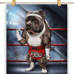 Chien bleu pit-bull en combattant de kickboxing Muay Thai - impression d'affiche, art mural, décoration d'intérieur et carte postale - PrintStarTee