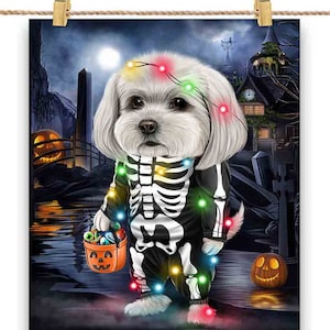 Chien maltais en costume de squelette : déguisement de fête d'Halloween - Impression d'affiche, art mural, décoration intérieure et carte postale - PrintStarTee