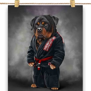 Artiste martial de chien Rottweiler en judogi noir : Judo et karaté - Impression d'affiche, art mural, décoration intérieure et carte postale - PrintStarTee