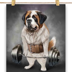 Entraînement musculaire du chien Saint Bernard avec Barbell Shrug Bar Fitness Gym - Impression d’affiche, art mural, décoration intérieure et carte postale - PrintStarTee