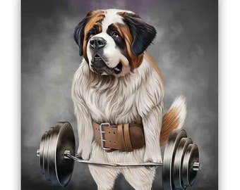 Saint Bernard Dog Muscle Training with Barbell Shrug Bar Fitness Gym - Poster Print, Wall Art, Home Decor, and Postcard - PrintStarTee