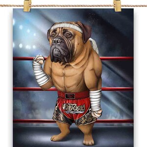 Bullmastiff Dog en tant que combattant de Muay Thai Kickboxing - Impression d'affiche, art mural, décoration intérieure et carte postale - PrintStarTee