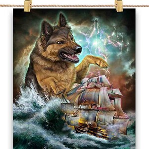 Un berger allemand monstre tend une embuscade à un navire de la Royal Navy - impression d'affiche, art mural, décoration d'intérieur et carte postale - PrintStarTee
