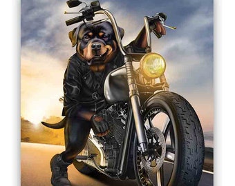 Rottweiler Dog Riding Chopper Motorcycle - Poster Print, Wall Art