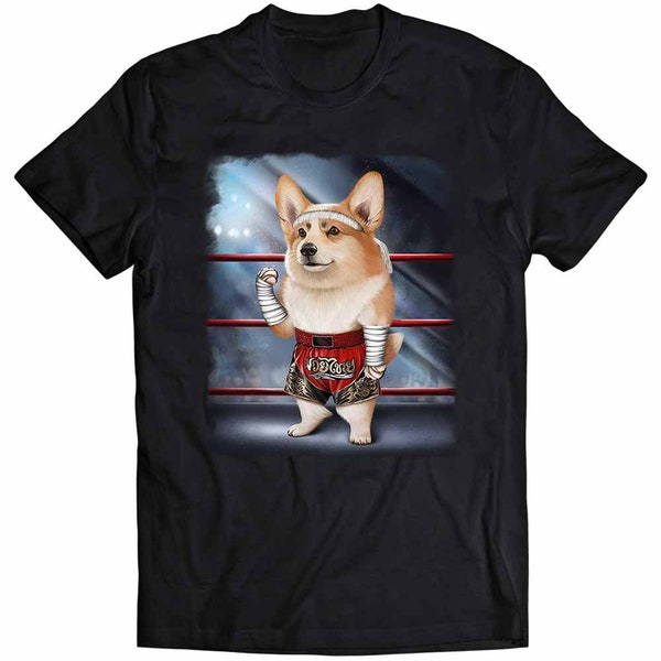 Pembroke Welsh Corgi Dog as Muay Thai Kick Boxing Champion - Short-Sleeve Unisex, Men, Women, Youth T-Shirt - PrintStarTee